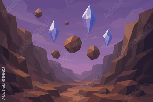 Low poly vector dreamlike canyon with floating rocks violet sky and hovering crystals