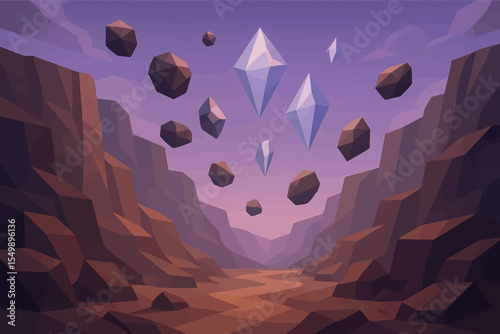Low poly vector dreamlike canyon with floating rocks violet sky and hovering crystals
