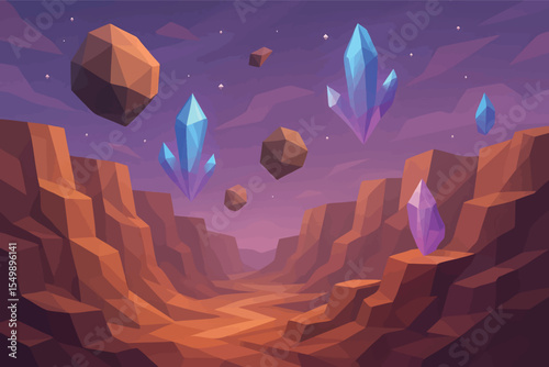 Low poly vector dreamlike canyon with floating rocks violet sky and hovering crystals