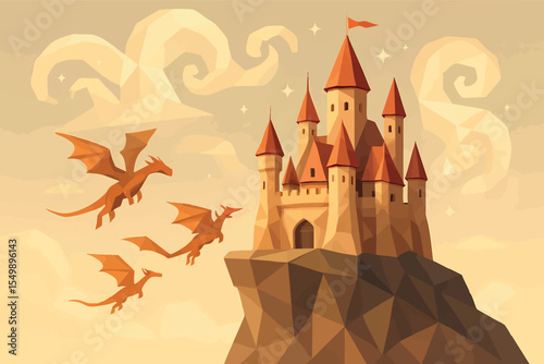 Low poly vector enchanted castle on cliff with flying dragons and magical clouds