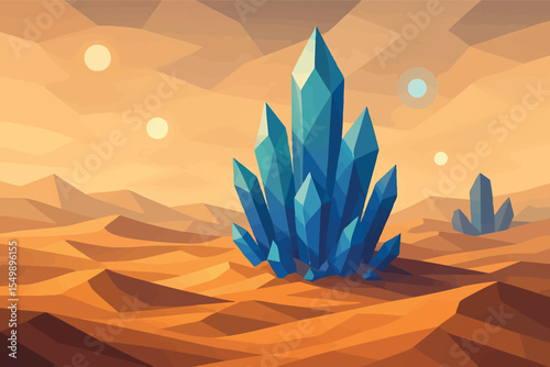 Low poly vector fantasy desert with crystal spires shifting dunes and glowing orbs