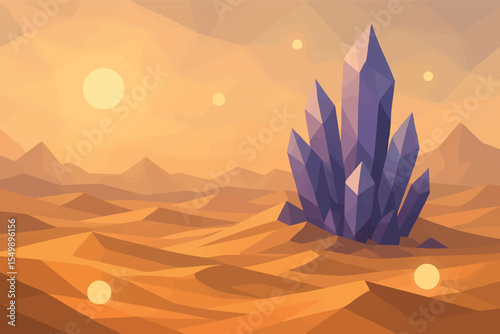 Low poly vector fantasy desert with crystal spires shifting dunes and glowing orbs