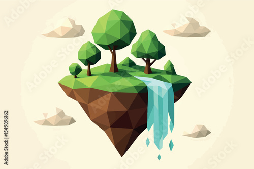 Low poly vector floating island with trees waterfall and dreamy clouds