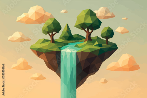 Low poly vector floating island with trees waterfall and dreamy clouds