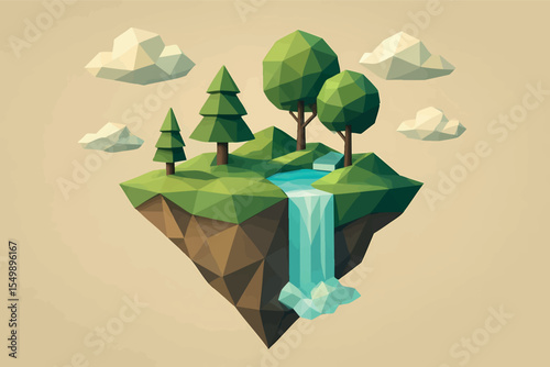 Low poly vector floating island with trees waterfall and dreamy clouds