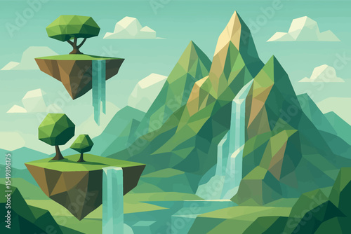 Low poly vector fantasy landscape with floating islands waterfalls dropping into sky