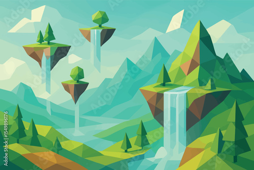 Low poly vector fantasy landscape with floating islands waterfalls dropping into sky