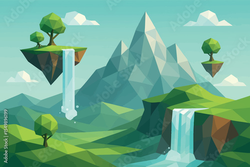 Low poly vector fantasy landscape with floating islands waterfalls dropping into sky