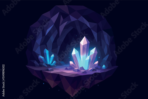Low poly vector floating crystal cave with sharp angles glowing minerals and magical light