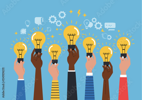 Flat vector of A group of hands holding up lightbulbs, representing ideas and innovation, with a blue background and stylized icons floating above the bulbs