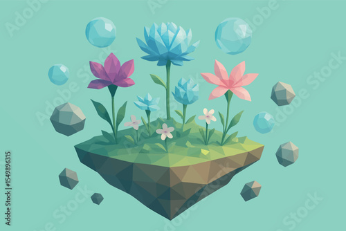 Low poly vector floating garden with water spheres dreamlike flowers and levitating stones vector-friendly
