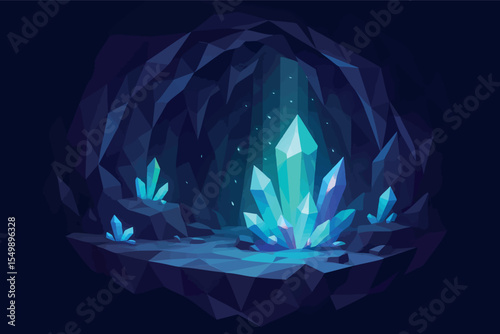Low poly vector floating crystal cave with sharp angles glowing minerals and magical light