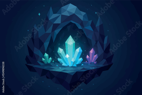 Low poly vector floating crystal cave with sharp angles glowing minerals and magical light
