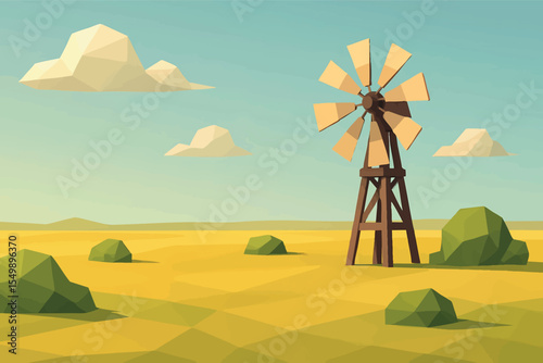 Low poly vector flatland prairie with polygonal grass bushes and windmill