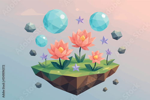 Low poly vector floating garden with water spheres dreamlike flowers and levitating stones vector-friendly