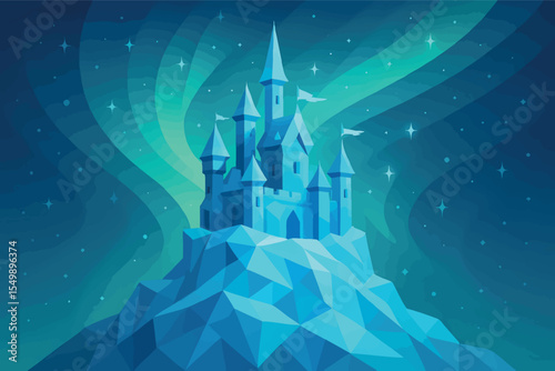 Low poly vector frozen castle on glacier peak with magical lights and frost-covered flags