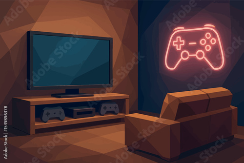 Low poly vector gaming room with screen couch controllers and glowing neon decor