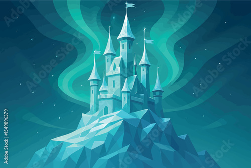 Low poly vector frozen castle on glacier peak with magical lights and frost-covered flags