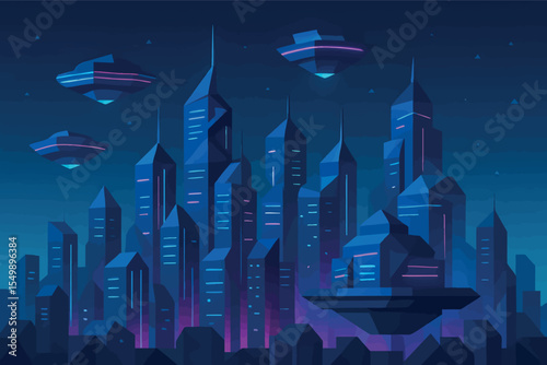 Low poly vector futuristic city skyline with hovering platforms and neon lights