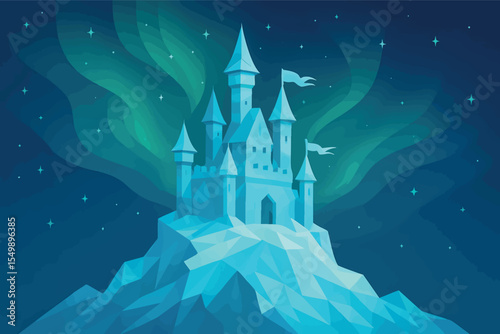 Low poly vector frozen castle on glacier peak with magical lights and frost-covered flags