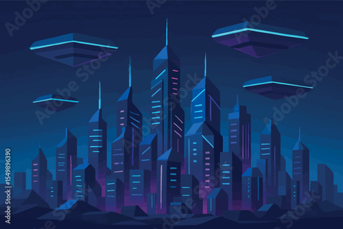 Low poly vector futuristic city skyline with hovering platforms and neon lights