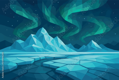 Low poly vector glacier landscape with cracked ice aurora and icy peaks