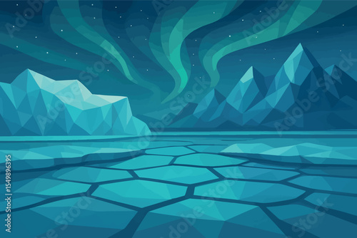 Low poly vector glacier landscape with cracked ice aurora and icy peaks