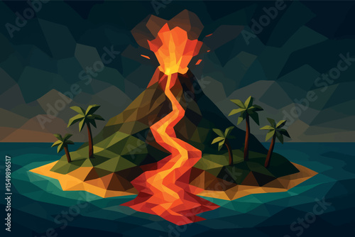 Low poly vector island with volcano and lava river surrounded by ocean