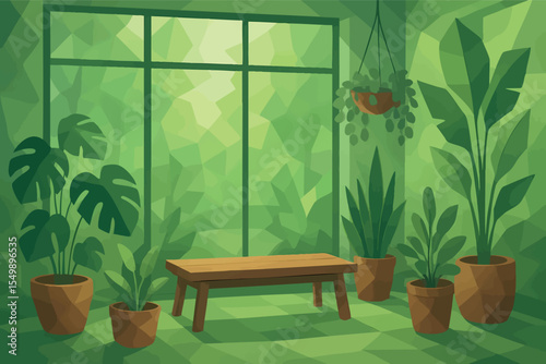 Low poly vector indoor garden space with large windows potted plants and bench