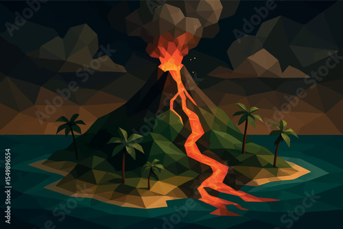 Low poly vector island with volcano and lava river surrounded by ocean