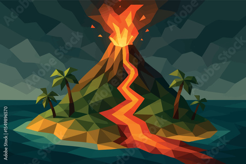 Low poly vector island with volcano and lava river surrounded by ocean