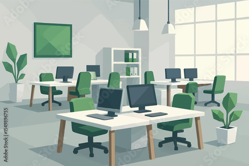 Low poly vector minimalist tech startup office with modular desks open plan and green accents