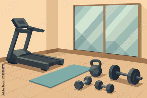 Low poly vector modern home gym with treadmill yoga mat weights and mirrors