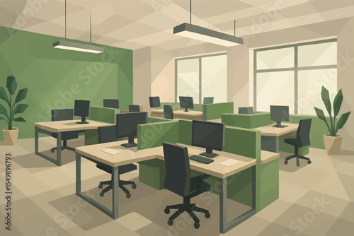 Low poly vector minimalist tech startup office with modular desks open plan and green accents