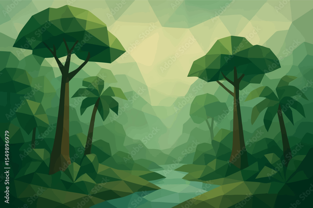 Low poly vector rainforest with polygonal trees mist and winding river