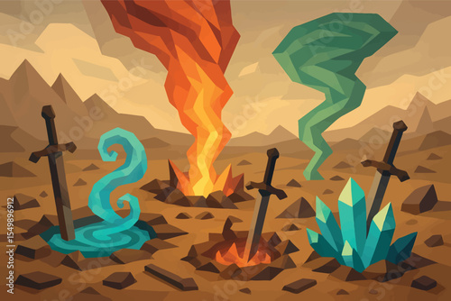 Low poly vector mythical battlefield with broken swords elemental energy and crystal craters vector-friendly