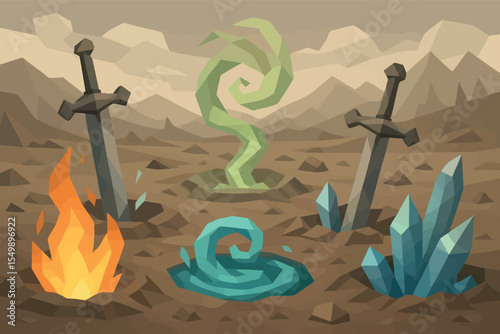 Low poly vector mythical battlefield with broken swords elemental energy and crystal craters vector-friendly