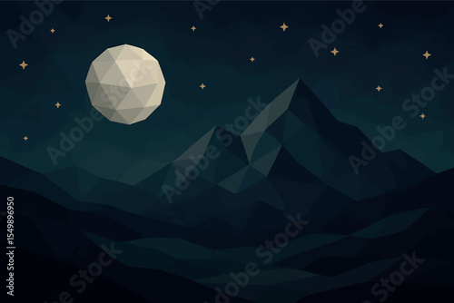 Low poly vector night mountain scene with moon stars and terrain layers
