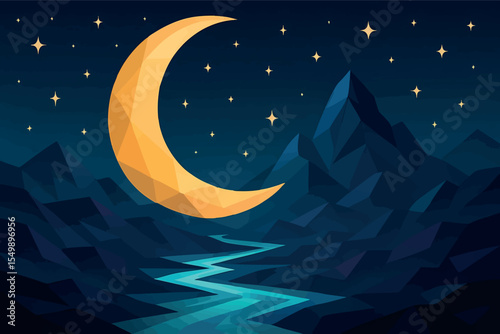 Low poly vector night scene with giant crescent moon surreal mountains and glowing rivers