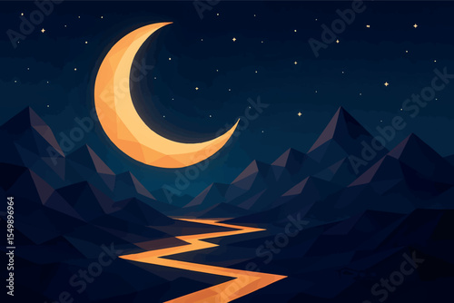 Low poly vector night scene with giant crescent moon surreal mountains and glowing rivers