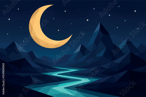 Low poly vector night scene with giant crescent moon surreal mountains and glowing rivers