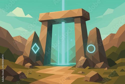 Low poly vector portal valley with massive stone gates glowing energy beams and floating symbols