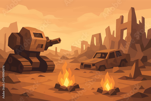 Low poly vector post-apocalyptic wasteland with broken machines fire pits and polygonal ruins