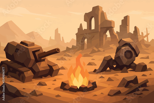 Low poly vector post-apocalyptic wasteland with broken machines fire pits and polygonal ruins