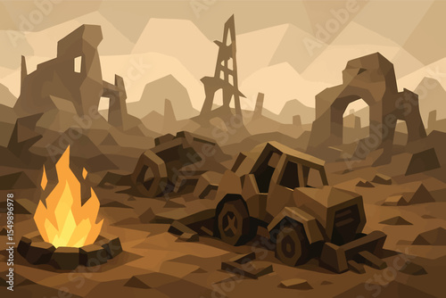 Low poly vector post-apocalyptic wasteland with broken machines fire pits and polygonal ruins