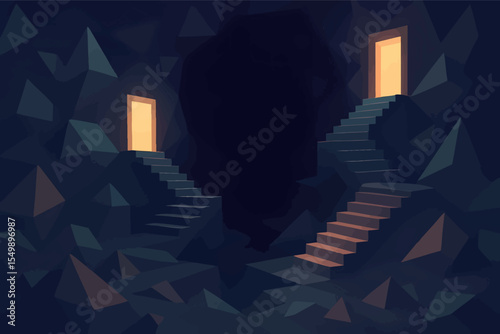Low poly vector realm with staircases into void abstract geometry and glowing doors surreal theme vector-friendly