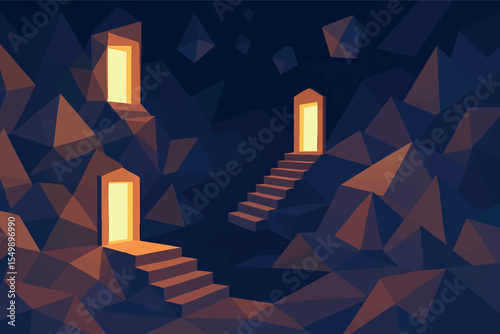 Low poly vector realm with staircases into void abstract geometry and glowing doors surreal theme vector-friendly