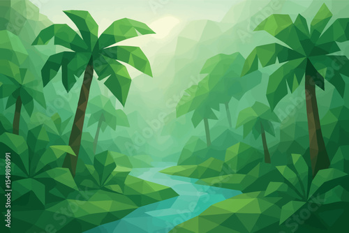 Low poly vector rainforest with polygonal trees mist and winding river