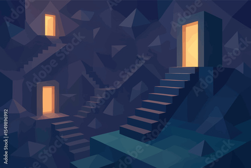 Low poly vector realm with staircases into void abstract geometry and glowing doors surreal theme vector-friendly