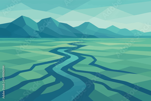 Low poly vector river delta with winding channels flatland and distant mountains